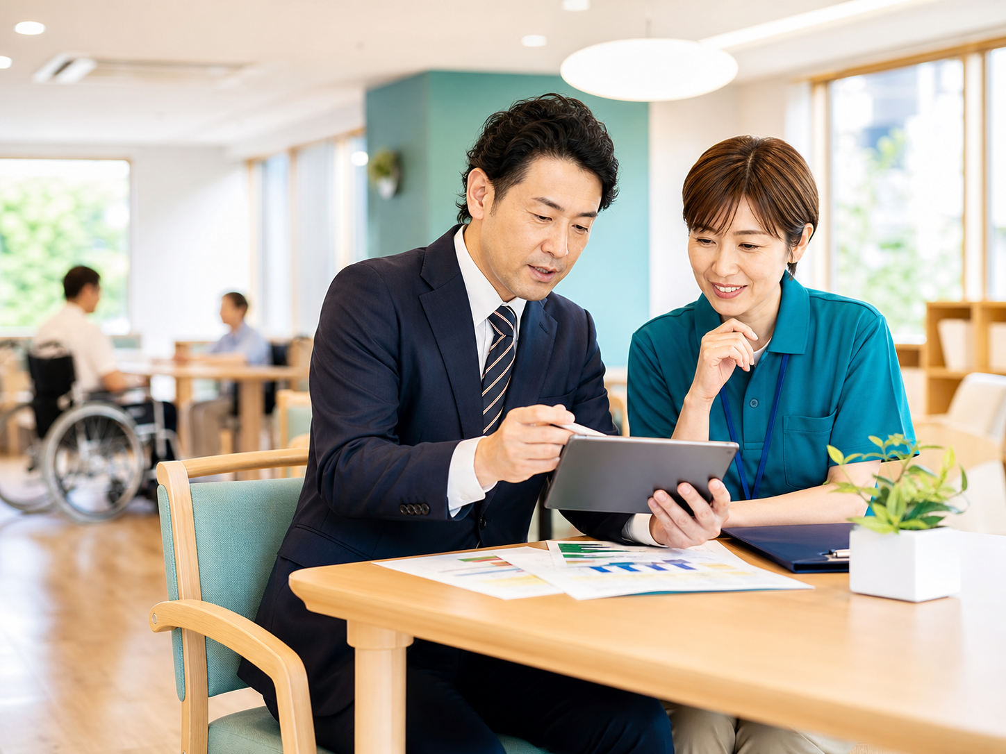 人員配置を確認しながらチームで運営を進める福祉施設のスタッフ