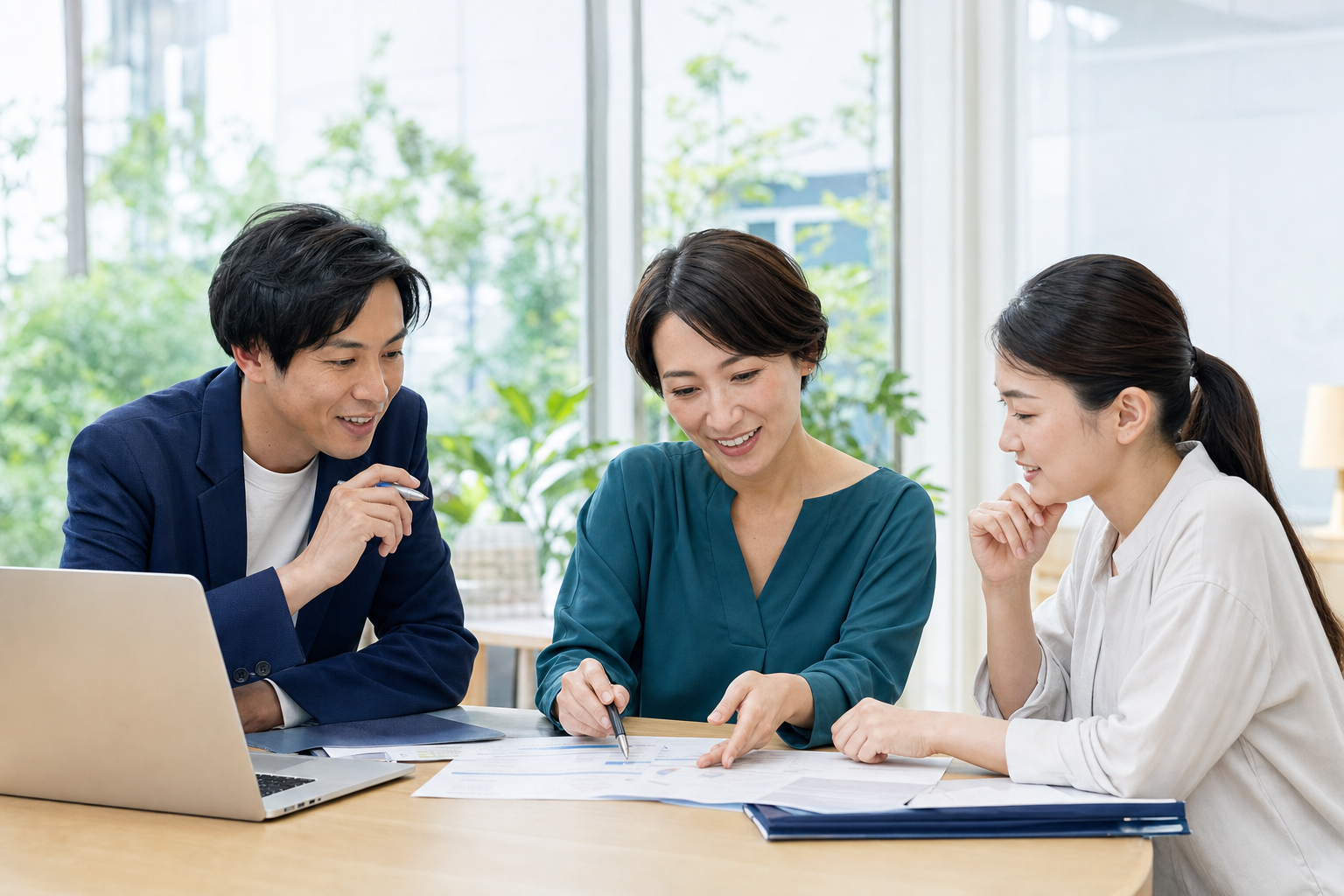 採用支援後に運営計画を確認する福祉施設のチーム